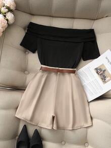 Franclia 黑色露肩短袖露脐上衣，搭配卡其色短裤和带腰带的阔腿裤，春夏两件套休闲套装，春季女装休闲装，秋冬四季女装，返校季女装 - 彩色 - 查看 2