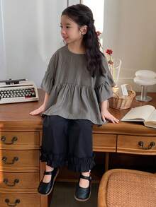 DAZY Young Girls Pleated Textured Fabric Ruffle Trim Loose Ruffle Collar Blouse, Spring/Summer - Grey - View 1