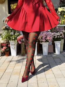 GalTyme 大码女式情人节爱心图案打底裤 - 黑色 - 查看 6