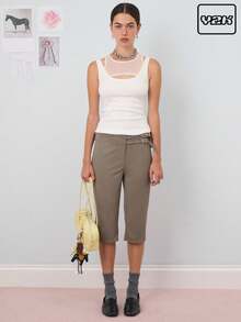 COUREZ Tailored Capris Pants With Waist Buckle Detail /Y2K Going Out Cute - Dark Grey - View 1