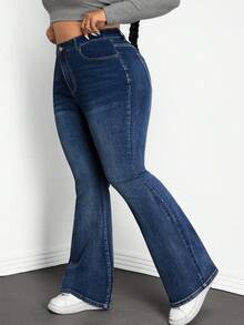 SHEIN Tall CURVE 大码高腰深蓝色修身喇叭牛仔裤 - 藍色 - 查看 4