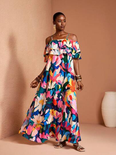 JIAN LASALA Vestido largo de mujer para vacaciones con estampado floral, tirantes finos, volantes en capas y abertura lateral