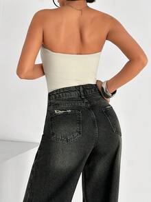 EURMUSE 100%纯棉女士斜插口袋休闲阔腿牛仔裤 - 黑色 - 查看 3