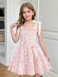 SHEIN Vestido de tirantes con estampado de mariposa, elegante y dulce, para niña preadolescente - Rosa Fucsia - Ver 4