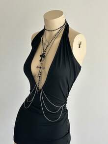 EgrlEra Sexy Deep V-Neck Chain Decor Dark Punk Style Mini Dress For Women - Black - View 6