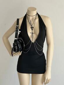 EgrlEra Sexy Deep V-Neck Chain Decor Dark Punk Style Mini Dress For Women - Black - View 2