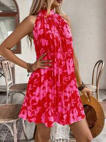SHEIN Holidaya 女士浪漫红色花朵印花褶皱圆领吊带浪漫休闲可爱连衣裙，适合度假、旅行、泳池派对、情人节约会、春夏穿着。吊带露背领口蝴蝶结修身百搭短裙，适合泳池派对、约会、度假、旅行、休闲、生日、婚礼宾客等场合。优雅短裙 - 紅色 - 查看 4