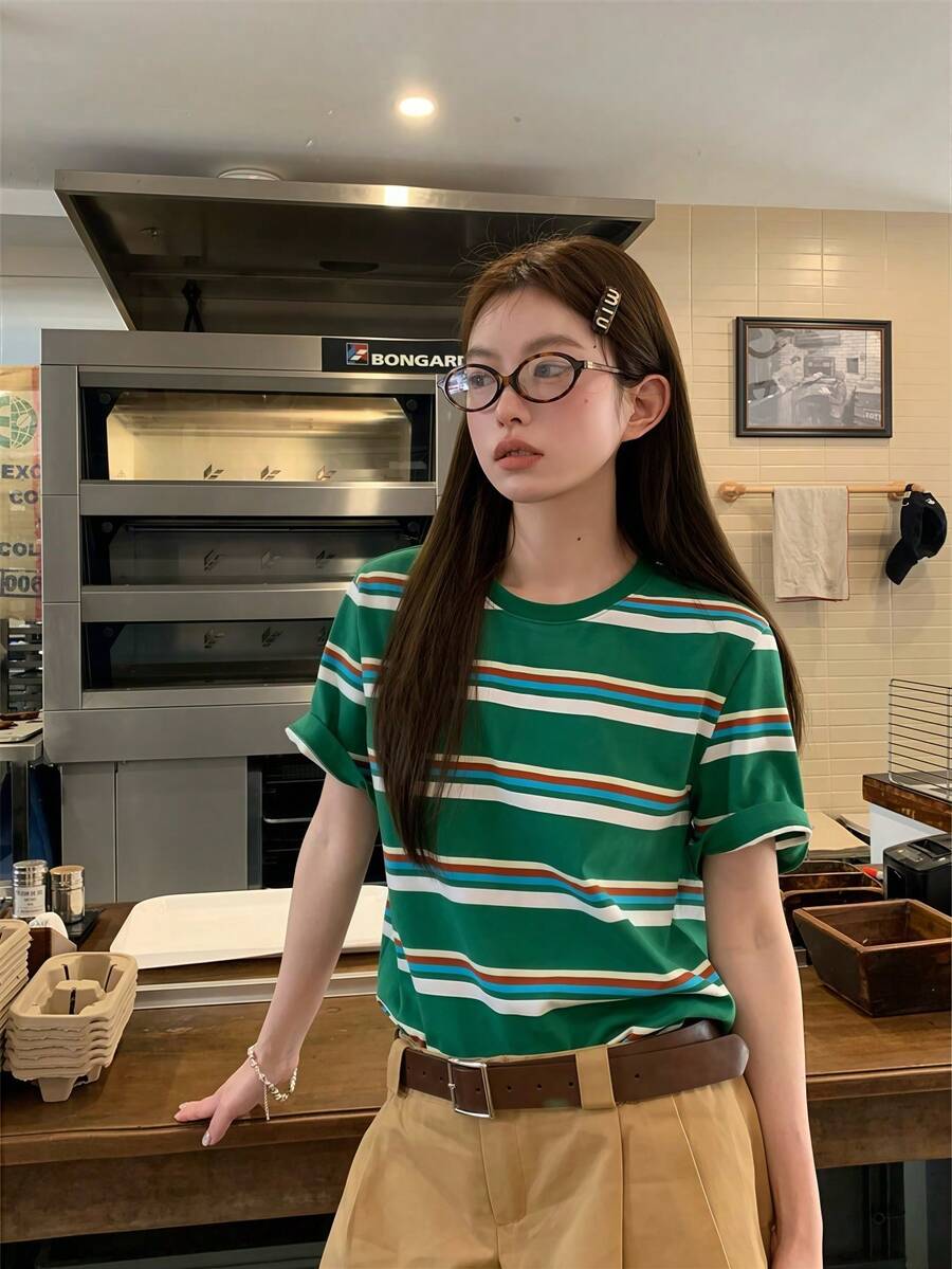 K-Vae Women's Green Striped Round Neck Short Sleeve T-Shirt - Green - View 1