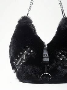 ROMWE Grunge Punk Túi xách nữ, túi đeo vai, túi hobo, giả lông thú, lông xù, túi nhung, đinh tán, thời trang, cá tính, đa năng, phong cách đường phố, dành cho các cô gái ngọt ngào và cá tính, các cô gái sành điệu, phong cách punk, Y2K, dùng hàng ngày, mùa thu và mùa đông (mẫu ngẫu nhiên) - màu đen - Xem 3
