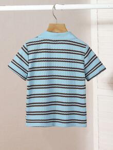 SHEIN Genkimix Kids 1件男童休闲学院风华夫格条纹针织V领polo衫，适合春夏穿着。适合上学和居家穿着。 - 藍色 - 查看 2