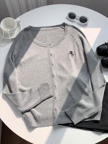 SHEIN EZwear Women's Embroidered Button Front Casual Long Sleeve Cardigan - Grey - View 7