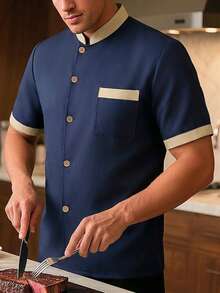 Manfinity Homme Men's Contrast Color Mandarin Collar Short Sleeve Front Button Casual Chef Shirt, Summer Short Sleeve Dress Shirts Chef Jacket Men,Mens Women Unisex Work Wear Bakery Uniforms Lace-Up Hotel Chef Kitchen