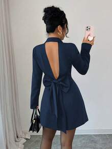 Chiquease 女士纯色露背蝴蝶结装饰优雅连衣裙 - 藏蓝色 - 查看 2