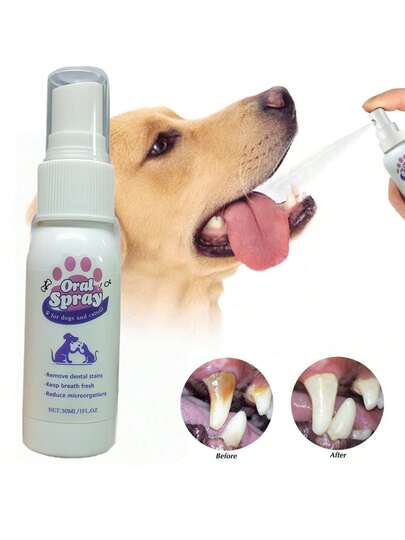 1Pc/2pcs 30ml Cat And Dog Dental Cleaning Spray, Removes Stains And Freshens Breath, Gentle And Non-Irritating Pet Oral Care Spray, Very Pet-Friendly.