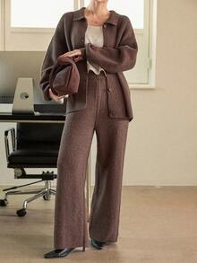 Dazy-Less Women's Solid Color Drop Shoulder Long Sleeve Knitted Cardigan And Knitted Pants Casual 2-Piece Set, Autumn/Winter Business Casual Woman - Coffee Brown - View 3