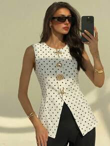 Aloruh Women's Casual Commuter Polka Dot Print Front Button Vest, Summer - Black and White - View 1