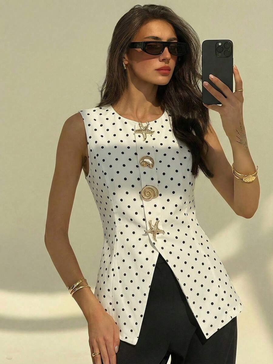 Aloruh Women's Casual Commuter Polka Dot Print Front Button Vest, Summer - Black and White - View 1