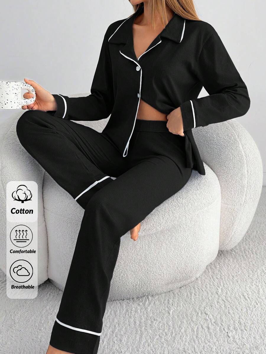 EURMUSE Classic Button Front Pajama Set – Soft Long Sleeve Top & Comfy Straight Leg Pants Loungewear - Black - View 1