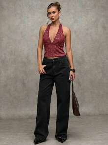 SHEIN BAE Women's Sexy Fashion Rivet Decor Backless Halter Neck Fitted Crop Top, Summer - Burgundy - View 3