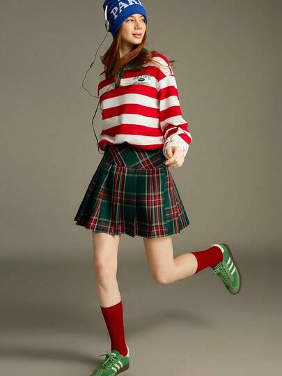 Elnivra Preppy Style Y2K Zip Side Tartan Pleated Skirt For New Year Clothes,Red And Green High-Waisted,Birthday Outfits,Spring/Summer For Valentine's Day