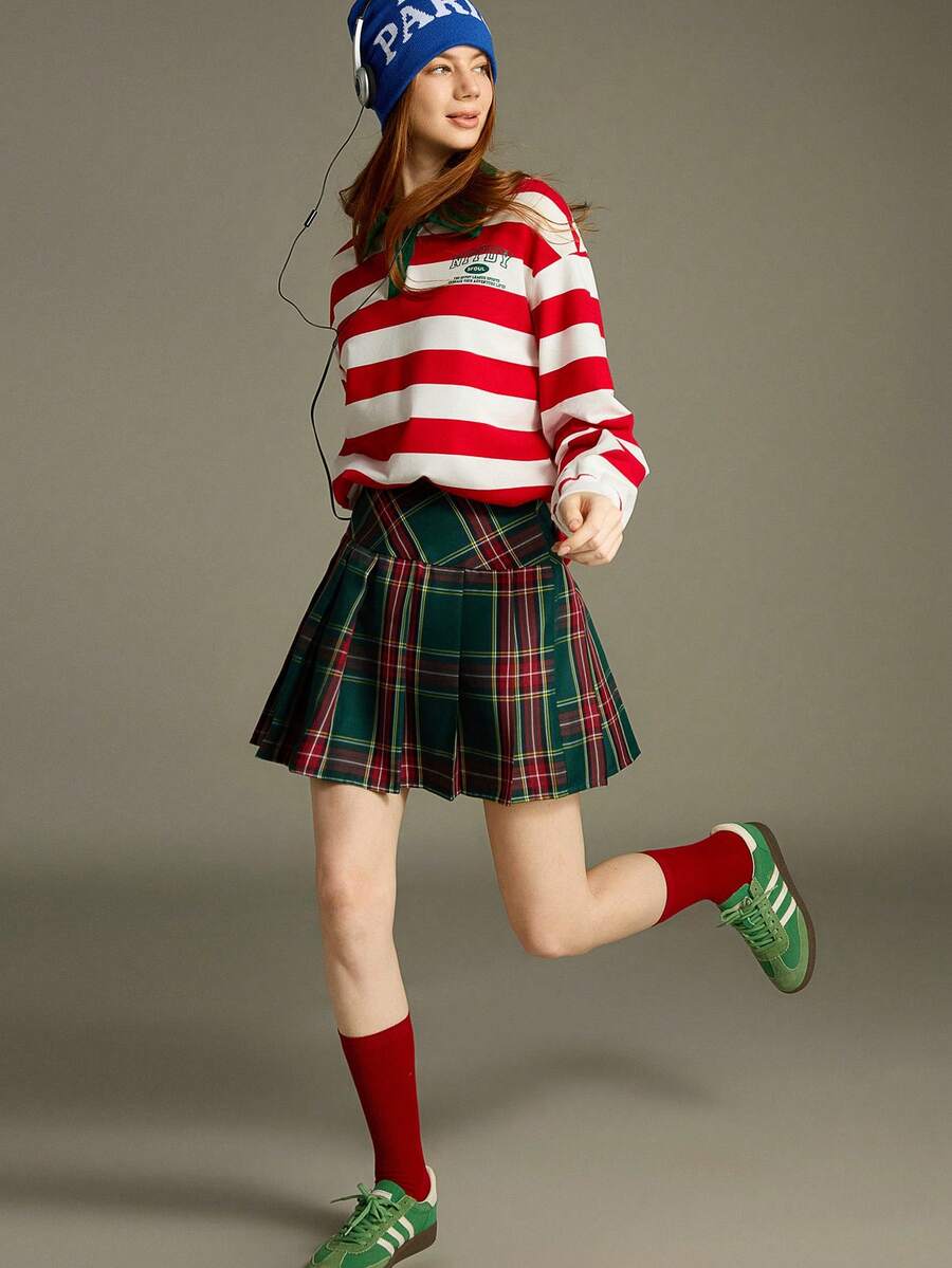 Elnivra Preppy Style Y2K Zip Side Tartan Pleated Skirt For New Year Clothes,Red And Green High-Waisted,Birthday Outfits,Spring/Summer For Valentine's Day - Green - View 1