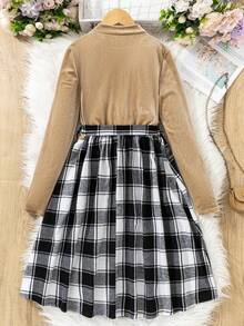 黑红格子连衣裙，适合少女穿着，设计优雅简约，黑色天鹅绒领长袖短款连衣裙，秋冬季适合上学、度假或参加派对；红黑格子修身A字长袖连衣裙，圣诞派对服装 - 卡其色 - 查看 2
