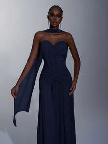 Elitara Elegant Gray-Green High-Stretch Knit Mesh Bustier With Ruched Front, Twisted Waist Design, Mermaid Hem (Detachable Halter), Suitable For Dates, Vacations, Singles Parties, Weddings, And All Formal Occasions, Formal Evening Gown - Navy Blue - View 7