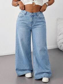 SHEIN Tall CURVE Plus Size Light Blue Elastic Waist Casual Straight Loose Fit Jeans
