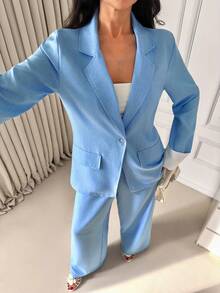 EURMUSE Ensemble deux pièces pour femmes en lin, veste blazer et pantalon - Bleu ciel - Voir 3