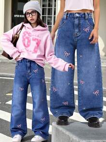 Sparklyn 2025秋冬新款女童灰黑宽松直筒牛仔裤，四季皆宜，灰黑休闲牛仔裤，可爱粉白蝴蝶结刺绣牛仔裤，Y2K风格，休闲，可爱，复古，经典街头风，柔软舒适，适合日常出行、上学、通勤、聚会、居家、度假、万圣节、圣诞节等场合，2025秋季新品系列 - 藍色 - 查看 8