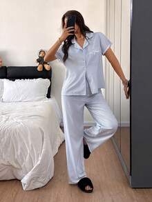 SHEIN Napfluff Ruffled Striped Floral Trim Cardigan Women Pajama Set - Blue and White - View 5