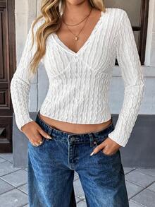 SHEIN PariChic Women's Long Sleeve Fitted T-Shirt, Textured Fabric Patchwork - White - View 1