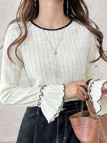 FRIFUL 女士休闲荷叶边袖口圆领长袖T恤，通勤和日常穿着皆宜 - 米色 - 查看 2