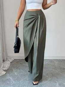 SHEIN Elenzya Women's Elegant Casual Commuting Asymmetrical Loose Pants - Green - View 6