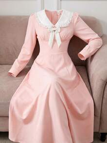 1 pieza Vestido de manga larga elegante y cómodo con cuello de volantes, lazo y encaje, versátil y femenino, apropiado para uso diario en primavera/otoño - Multicolor - Ver 4