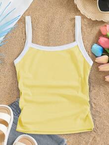 少女休闲百搭吊带背心，贴身撞色针织吊带背心，适合休闲外出和度假穿着 - 黃色 - 查看 2
