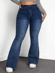 SHEIN Tall CURVE 大码高腰深蓝色修身喇叭牛仔裤 - 藍色 - 查看 1