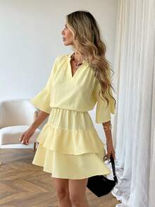 SHEIN LUNE 女士休闲纯色纹理短荷叶袖A字连衣裙，适合春夏日常穿着 - 淡黃色 - 查看 4
