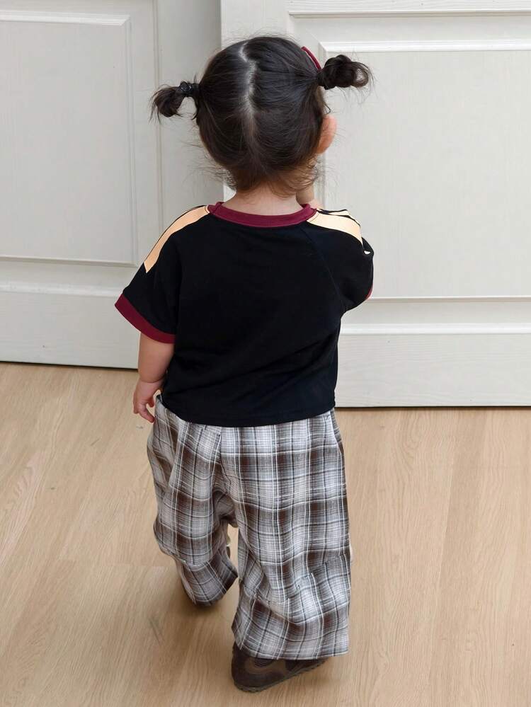 Baby Girls' Round Neck Contrast Color Korean Style English Letter Print Casual Street Wear Top Summer Toddler Girls Clothes