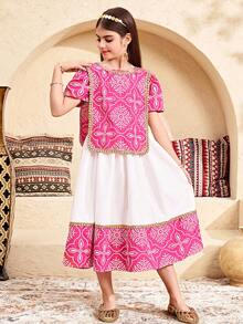 SHEIN Young Tween Girls Floral Print Patchwork Modest Dress,White And Pink Summer Wedding Guest Arabian V-Neck Color Block Lace Trim Loose Casual Gown - Pink - View 5