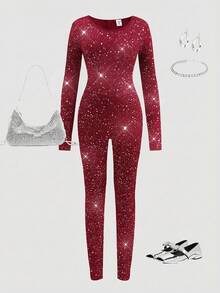 少女休闲运动长袖连体衣 - 酒紅色 - 查看 5