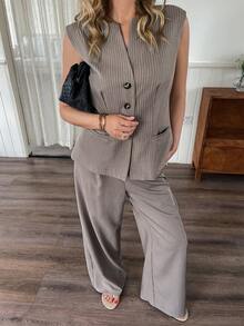 Vivie Lora Women's Striped Sleeveless Top And Pants 2 Pieces Set Summer Lounge Sets For Women Short Sets For Women - Grey - View 2