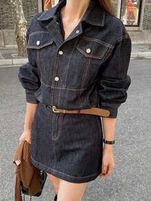 DAZY Vintage Style Lapel Button Down Cinched Waist Blue Casual Denim Dress For Women - Navy Blue - View 9