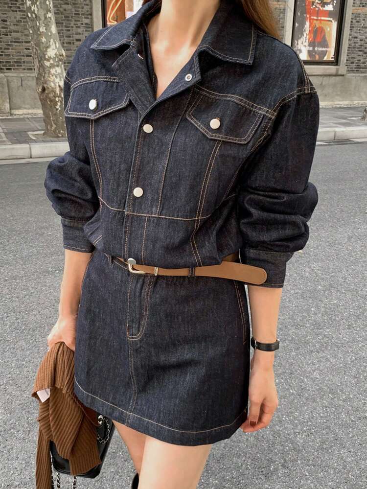 Vintage Style Lapel Button Down Cinched Waist Blue Casual Denim Dress For Women