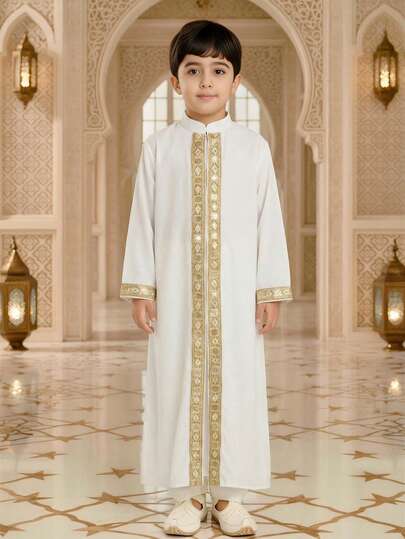 男童箔印长袖衬衫 儿童阿拉伯服装，儿童伊斯兰服装，男童长袍套装 儿童穆斯林服装