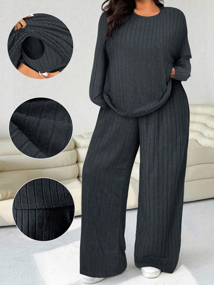 Solflare 两件套 深灰色纯色圆领落肩长袖罗纹宽松版型 - 深灰色 - 查看 1