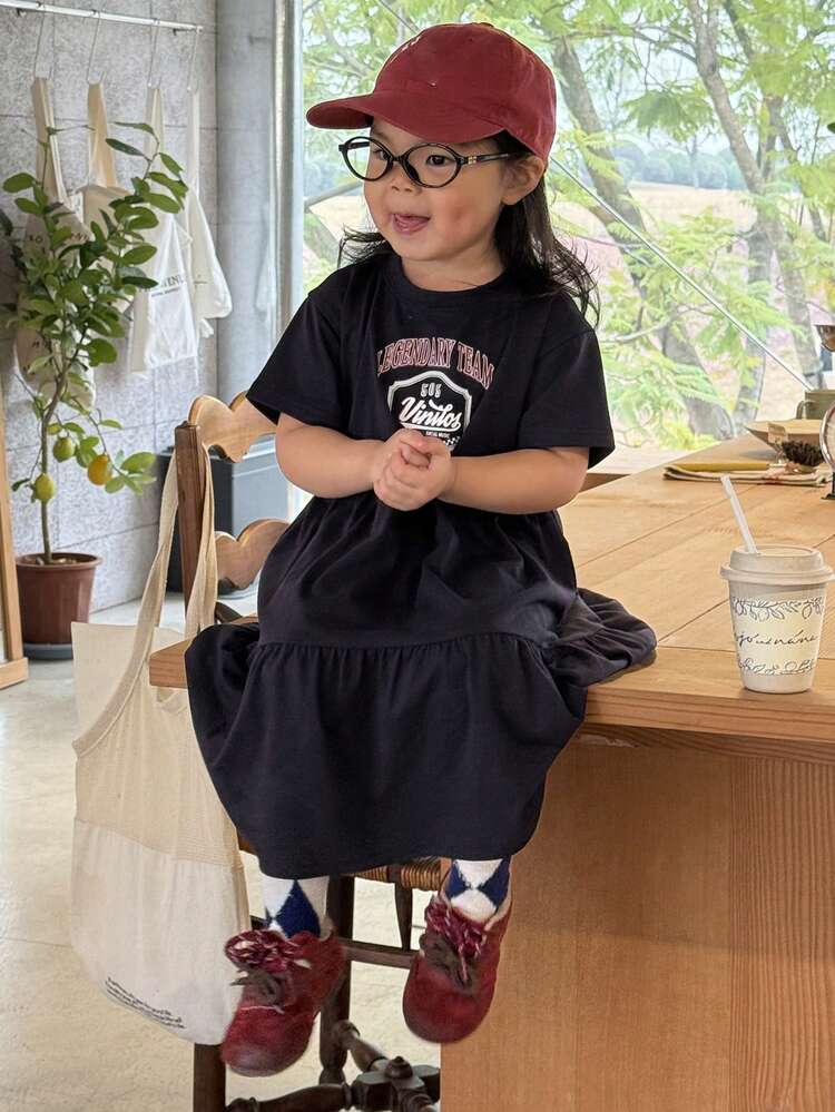 Baby Girls' Round Neck Letter Print Casual Summer Short Sleeve Dress Spring Toddler Girls Clothes