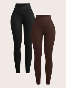SHEIN EZwear Plus Size Women Solid Color Asymmetric Waist Everyday Versatile Skinny Leggings - Multicolor - View 2