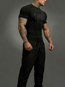 GymBeat Men's Spider Print T-Shirt And Pants Sports Suit Short Sleeve Workout Set Matching Athletic Set Gym Clothes Men Set Compression Shirt Active Wear Gym Set Workout Set Compression Shirt Men - Black - View 6