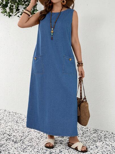EMERY ROSE Plus Size Women Loose Fit Denim Sleeveless Shift Dress,Valentine's Day,Summer,Carnival,Beach,Party,Elegant Party Dress,Going Out